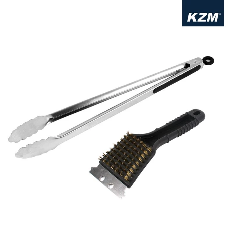 【綠色工場】KAZMI 不鏽鋼炭火夾+烤網清潔銅刷鏟組 (K5T3G008) 不鏽鋼304 鋼刷 烤肉夾 炭夾 露營